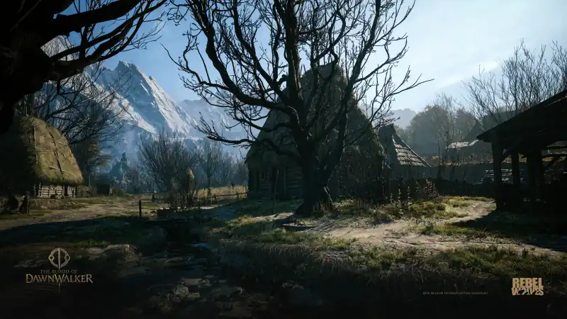 A mountain settlement in Vale Sangora in an official The Blood of Dawnwalker screenshot