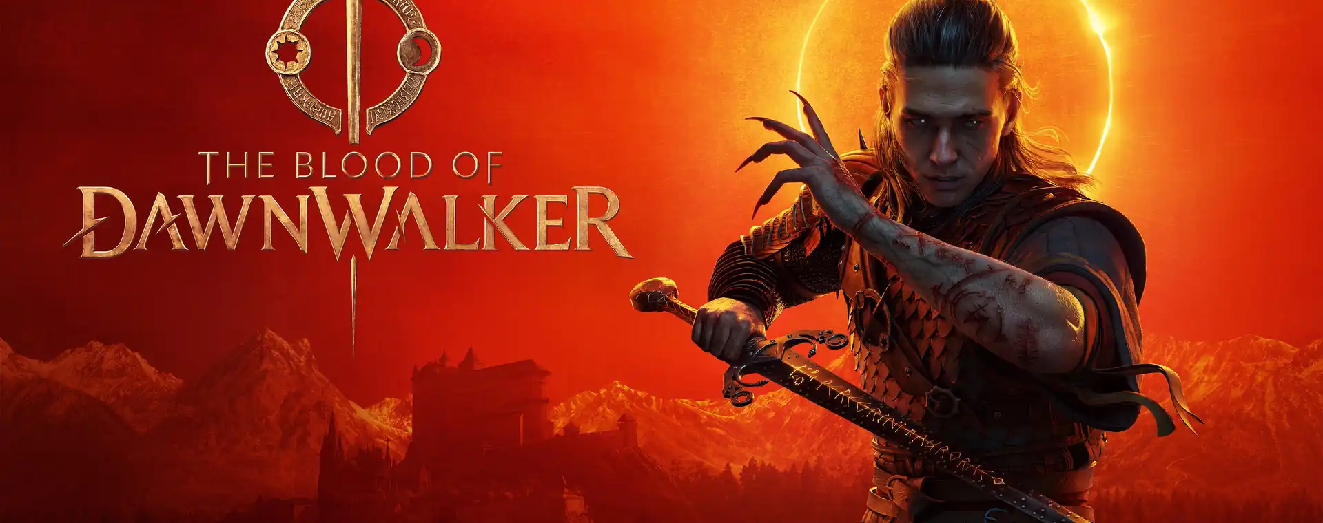 Coen stands before a solar eclipse in the official The Blood of Dawnwalker key art