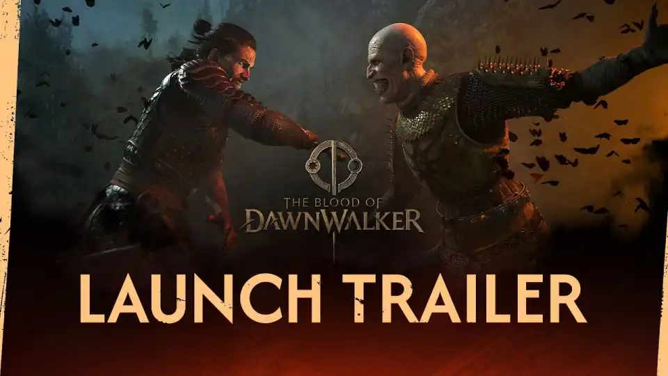 Official The Blood of Dawnwalker launch trailer cover showing Coen fighting a vampire